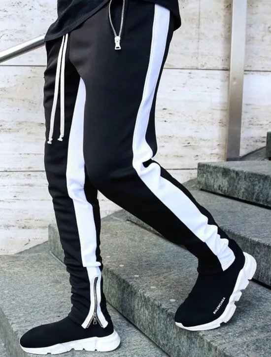 Outlet OUKU Men's Sweatpants Joggers Tapered pants Trousers Drawstring Elastic Waist Zipper Pocket Color Block Comfort Casual Daily Holiday Sports Stylish Black-White White & Blue Micro-elastic