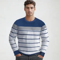 Hot OUKU Men's Sweatshirt Blue Green Light Grey Crew Neck Striped Patchwork Color Block Sports & Outdoor Casual Daily Vintage Designer Basic Spring Fall Clothing Apparel Hoodies Sweatshirts Long Sleeve