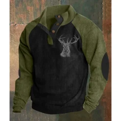 OUKU Men's Sweatshirt khaki&black Black Army Green Navy Blue Brown Standing Collar Color Block Reindeer Patchwork Sports & Outdoor Daily Holiday Polyester Corduroy Streetwear Basic Casual Spring & Fall