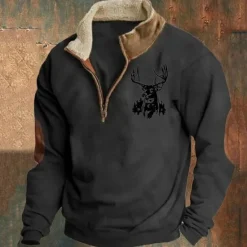 OUKU Men's Sweatshirt Quarter Zip Sweatshirt Black Brown Gray Half Zip Color Block Reindeer Patchwork Sports & Outdoor Daily Holiday Polyester Vintage Basic Casual Fall & Winter Clothing Apparel Hoodies