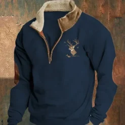 Sale OUKU Men's Sweatshirt Quarter Zip Sweatshirt Navy Blue Brown Light Grey Dark Gray Half Zip Reindeer Print Christmas Daily Holiday Polyester Streetwear Casual Thin fleece Fall & Winter Clothing Apparel