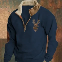 OUKU Men's Sweatshirt Quarter Zip Sweatshirt Black Navy Blue Gray Half Zip Color Block Reindeer Patchwork Sports & Outdoor Daily Holiday Polyester Vintage Basic Casual Fall & Winter Clothing Apparel