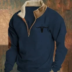 Online OUKU Men's Sweatshirt Quarter Zip Sweatshirt Black Navy Blue Brown Gray Half Zip Color Block Cow Patchwork Sports & Outdoor Daily Holiday Polyester Vintage Basic Casual Fall & Winter Clothing Apparel