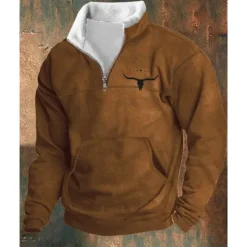 Outlet OUKU Men's Sweatshirt Quarter Zip Sweatshirt Black Brown Half Zip Color Block Cow Patchwork Pocket Sports & Outdoor Daily Holiday Polyester Vintage Casual Thin fleece Fall & Winter Clothing Apparel Hoodies