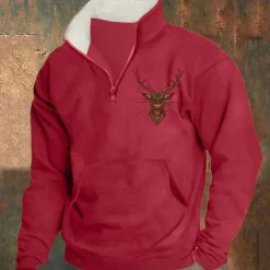 New OUKU Men's Sweatshirt Quarter Zip Sweatshirt Black Red Blue Khaki Half Zip Reindeer Print Christmas Daily Holiday Polyester Streetwear Casual Bavarian Fall & Winter Clothing Apparel Hoodies Sweatshirts