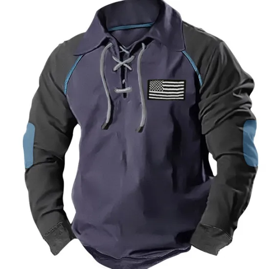 Online OUKU Men's Sweatshirt Tactical Army Green Navy Blue Brown Polo Collar Color Block National Flag Lace up Patchwork Sports & Outdoor Daily Holiday Polyester Streetwear Basic Casual Spring & Fall Clothing