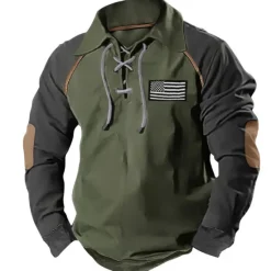 Online OUKU Men's Sweatshirt Tactical Army Green Navy Blue Brown Polo Collar Color Block National Flag Lace up Patchwork Sports & Outdoor Daily Holiday Polyester Streetwear Basic Casual Spring & Fall Clothing