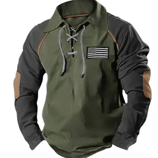 Online OUKU Men's Sweatshirt Tactical Army Green Navy Blue Brown Polo Collar Color Block National Flag Lace up Patchwork Sports & Outdoor Daily Holiday Polyester Streetwear Basic Casual Spring & Fall Clothing