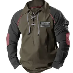 Online OUKU Men's Sweatshirt Tactical Army Green Navy Blue Brown Polo Collar Color Block National Flag Lace up Patchwork Sports & Outdoor Daily Holiday Polyester Streetwear Basic Casual Spring & Fall Clothing