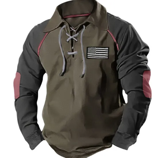 Online OUKU Men's Sweatshirt Tactical Army Green Navy Blue Brown Polo Collar Color Block National Flag Lace up Patchwork Sports & Outdoor Daily Holiday Polyester Streetwear Basic Casual Spring & Fall Clothing