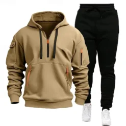 Outlet OUKU Men's Sweatshirt Tracksuit Sweatsuit Black Navy Blue Khaki Gray Hooded Plain Drawstring 2 Piece Sports & Outdoor Daily Holiday Streetwear Basic Casual Spring & Fall Clothing Apparel Hoodies