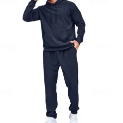 Discount OUKU Men's Sweatshirt Tracksuit Sweatsuit Black Army Green Red Navy Blue Light Grey Hooded Plain Drawstring 2 Piece Sports & Outdoor Daily Holiday Streetwear Basic Casual Winter Spring & Fall Clothing