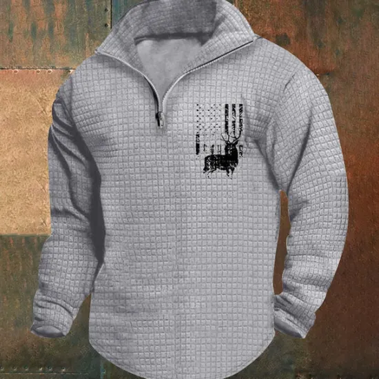 Clearance OUKU Men's Sweatshirt Waffle Sweatshirt Quarter Zip Sweatshirt White Wine Army Green Khaki Light Grey Half Zip Graphic Print Print Quarter Zip Christmas Daily Holiday Other Prints Polyester Streetwear