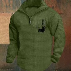 Clearance OUKU Men's Sweatshirt Waffle Sweatshirt Quarter Zip Sweatshirt White Wine Army Green Khaki Light Grey Half Zip Graphic Print Print Quarter Zip Christmas Daily Holiday Other Prints Polyester Streetwear