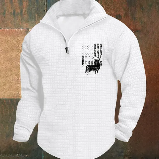 Clearance OUKU Men's Sweatshirt Waffle Sweatshirt Quarter Zip Sweatshirt White Wine Army Green Khaki Light Grey Half Zip Graphic Print Print Quarter Zip Christmas Daily Holiday Other Prints Polyester Streetwear