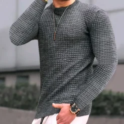 Hot OUKU Men's Sweatshirt Waffle Sweatshirt Black White Army Green Khaki Dark Gray Crew Neck Plain Ribbed Textured Knit-texture Sports & Outdoor Daily Holiday Polyester Streetwear Basic Casual Spring & Fall