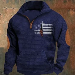 Discount OUKU Men's Sweatshirt Waffle Sweatshirt Quarter Zip Sweatshirt Black Navy Blue Khaki Light Grey Gray Half Zip National Flag Patchwork Ribbed Front Pocket Sports & Outdoor Daily Holiday Polyester