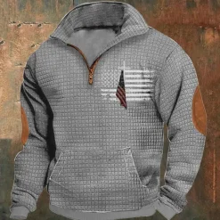 Discount OUKU Men's Sweatshirt Waffle Sweatshirt Quarter Zip Sweatshirt Black Navy Blue Khaki Light Grey Gray Half Zip National Flag Patchwork Ribbed Front Pocket Sports & Outdoor Daily Holiday Polyester