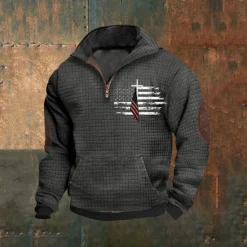 Discount OUKU Men's Sweatshirt Waffle Sweatshirt Quarter Zip Sweatshirt Black Navy Blue Khaki Light Grey Gray Half Zip National Flag Patchwork Ribbed Front Pocket Sports & Outdoor Daily Holiday Polyester