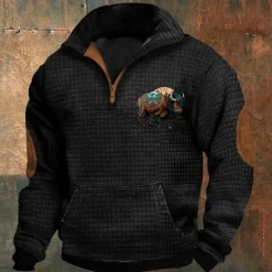 Sale OUKU Men's Sweatshirt Waffle Sweatshirt Quarter Zip Sweatshirt Black Navy Blue Khaki Dark Gray Gray Half Zip Graphic Cow Print Patchwork Front Pocket Quarter Zip Daily Holiday Going out Polyester
