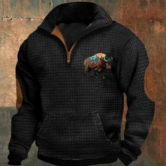 Sale OUKU Men's Sweatshirt Waffle Sweatshirt Quarter Zip Sweatshirt Black Navy Blue Khaki Dark Gray Gray Half Zip Graphic Cow Print Patchwork Front Pocket Quarter Zip Daily Holiday Going out Polyester