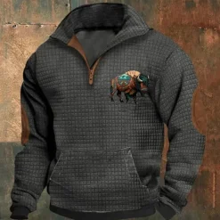 Sale OUKU Men's Sweatshirt Waffle Sweatshirt Quarter Zip Sweatshirt Black Navy Blue Khaki Dark Gray Gray Half Zip Graphic Cow Print Patchwork Front Pocket Quarter Zip Daily Holiday Going out Polyester