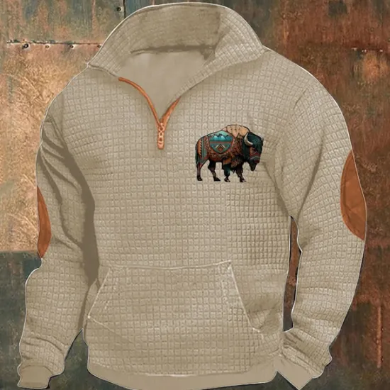 Sale OUKU Men's Sweatshirt Waffle Sweatshirt Quarter Zip Sweatshirt Black Navy Blue Khaki Dark Gray Gray Half Zip Graphic Cow Print Patchwork Front Pocket Quarter Zip Daily Holiday Going out Polyester