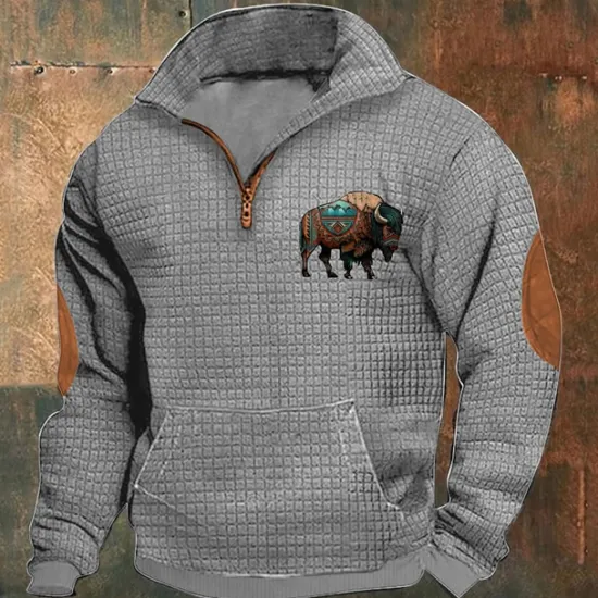 Sale OUKU Men's Sweatshirt Waffle Sweatshirt Quarter Zip Sweatshirt Black Navy Blue Khaki Dark Gray Gray Half Zip Graphic Cow Print Patchwork Front Pocket Quarter Zip Daily Holiday Going out Polyester
