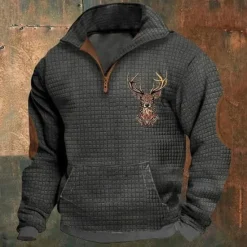 Online OUKU Men's Sweatshirt Waffle Sweatshirt Quarter Zip Sweatshirt Black White Navy Blue Khaki Half Zip Reindeer Print Christmas Daily Holiday Polyester Streetwear Casual Bavarian Spring & Fall Dark Gray