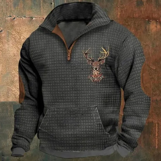 Online OUKU Men's Sweatshirt Waffle Sweatshirt Quarter Zip Sweatshirt Black White Navy Blue Khaki Half Zip Reindeer Print Christmas Daily Holiday Polyester Streetwear Casual Bavarian Spring & Fall Dark Gray