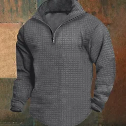 Clearance OUKU Men's Sweatshirt Waffle Sweatshirt Quarter Zip Sweatshirt Black White Wine Army Green Khaki Half Zip Plain Ribbed Quarter Zip Textured Christmas Daily Holiday non-printing Polyester Streetwear Casual