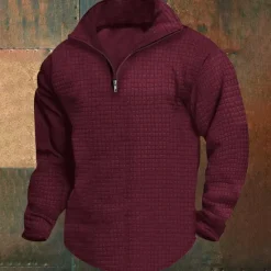 Clearance OUKU Men's Sweatshirt Waffle Sweatshirt Quarter Zip Sweatshirt Black White Wine Army Green Khaki Half Zip Plain Ribbed Quarter Zip Textured Christmas Daily Holiday non-printing Polyester Streetwear Casual