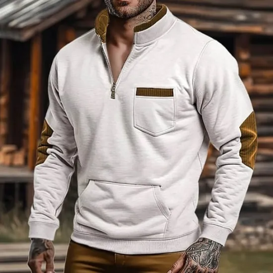 Best OUKU Men's Sweatshirt Zip Sweatshirt Quarter Zip Sweatshirt Half Zip Color Block Pocket Sports & Outdoor Daily Holiday Polyester Streetwear Basic Casual Spring Autumn / Fall Clothing Apparel Hoodies White