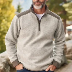 Online OUKU Men's Sweatshirt Zip Sweatshirt Standing Collar Color Block Patchwork Sports & Outdoor Daily Holiday Polyester Streetwear Basic Casual Spring & Fall Clothing Apparel Hoodies Sweatshirts Long Beige