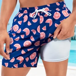 Hot OUKU Men's Swim Shorts Board Shorts Swim Trunks Print Quick dry Breathable Drawstring Elastic Waist With Compression Liner Vacation Beach Hawaiian Casual Lake Blue Pink