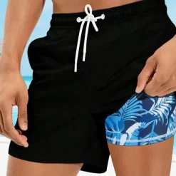 New OUKU Men's Swim Shorts Board Shorts Swim Trunks Print Quick dry Breathable Drawstring Elastic Waist With Compression Liner Vacation Beach Hawaiian Casual Black Sky Blue