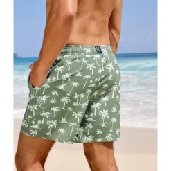 Best OUKU Men's Swim Shorts Board Shorts Swim Trunks Coconut Tree Stripes Quick dry Breathable Drawstring Elastic Waist With Compression Liner Vacation Beach Hawaiian Casual Blue Green