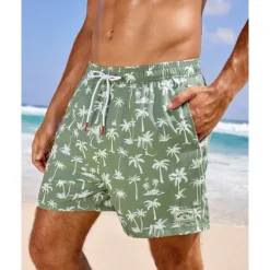 Best OUKU Men's Swim Shorts Board Shorts Swim Trunks Coconut Tree Stripes Quick dry Breathable Drawstring Elastic Waist With Compression Liner Vacation Beach Hawaiian Casual Blue Green