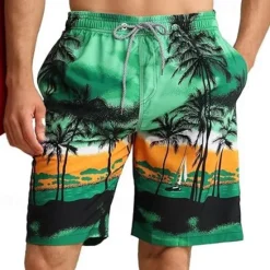 Hot OUKU Men's Swim Trunks Swim Shorts 4-Way Stretch Fabric Board Shorts Bottoms Drawstring with Pockets Swimming Surfing Beach Water Sports Tropical Printed Summer Spring Green