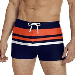 Clearance OUKU Men's Swim Trunks Swim Shorts Swimwear Bottoms Drawstring Swimming Surfing Beach Water Sports Stripes Patchwork Summer Spring Dark Blue