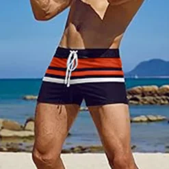 Clearance OUKU Men's Swim Trunks Swim Shorts Swimwear Bottoms Drawstring Swimming Surfing Beach Water Sports Stripes Patchwork Summer Spring Dark Blue