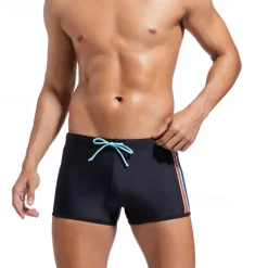 Clearance OUKU Men's Swim Trunks Swim Shorts Swimwear Bottoms Drawstring Swimming Surfing Beach Water Sports Stripes Patchwork Summer Spring Black