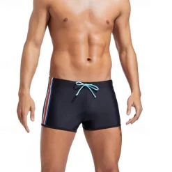 Clearance OUKU Men's Swim Trunks Swim Shorts Swimwear Bottoms Drawstring Swimming Surfing Beach Water Sports Stripes Patchwork Summer Spring Black