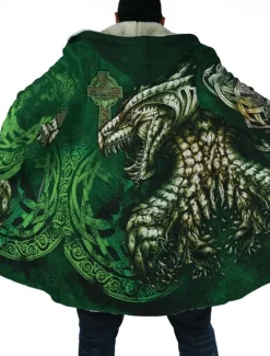 Online OUKU Men's Symbol 3D Tattoo Printed Winter Coat Fleece Jacket Coat Warm Breathable Comfortable Vintage Abstract Sports & Outdoor Daily Wear Going out Zipper Pocket Print Fall & Winter Hoodie Long Sleeve Green