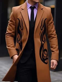 OUKU Men's Symbol Winter Coat Overcoat Coat Warm Breathable Comfortable Vintage Business Work Wear to work Going out Pocket Print Fall & Winter Turndown Long Sleeve Black Yellow Purple