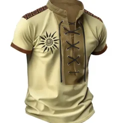 Discount OUKU Men's T Shirt Graphic Color Block Sun Stand Collar Clothing Apparel 3D Print Daily Sports Going out Short Sleeve Lace up Print Polyester Vintage Fashion Designer