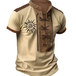 Discount OUKU Men's T Shirt Graphic Color Block Sun Stand Collar Clothing Apparel 3D Print Daily Sports Going out Short Sleeve Lace up Print Polyester Vintage Fashion Designer