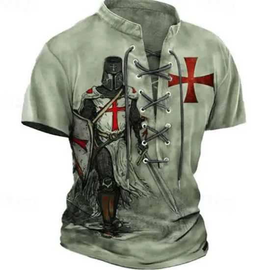 OUKU Men's T Shirt Graphic Knights Templar Stand Collar Clothing Apparel 3D Print Causal Memorial Day Short Sleeve Lace up Print Polyester Vintage Fashion Designer