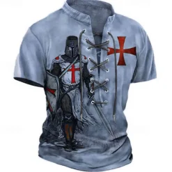 OUKU Men's T Shirt Graphic Knights Templar Stand Collar Clothing Apparel 3D Print Causal Memorial Day Short Sleeve Lace up Print Polyester Vintage Fashion Designer