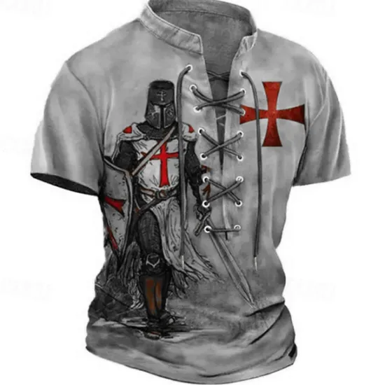 OUKU Men's T Shirt Graphic Knights Templar Stand Collar Clothing Apparel 3D Print Causal Memorial Day Short Sleeve Lace up Print Polyester Vintage Fashion Designer
